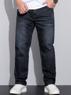 Straight-Leg Denim Jeans Men's Blue Washed Stretch – Casual, Office, Everyday, Gift