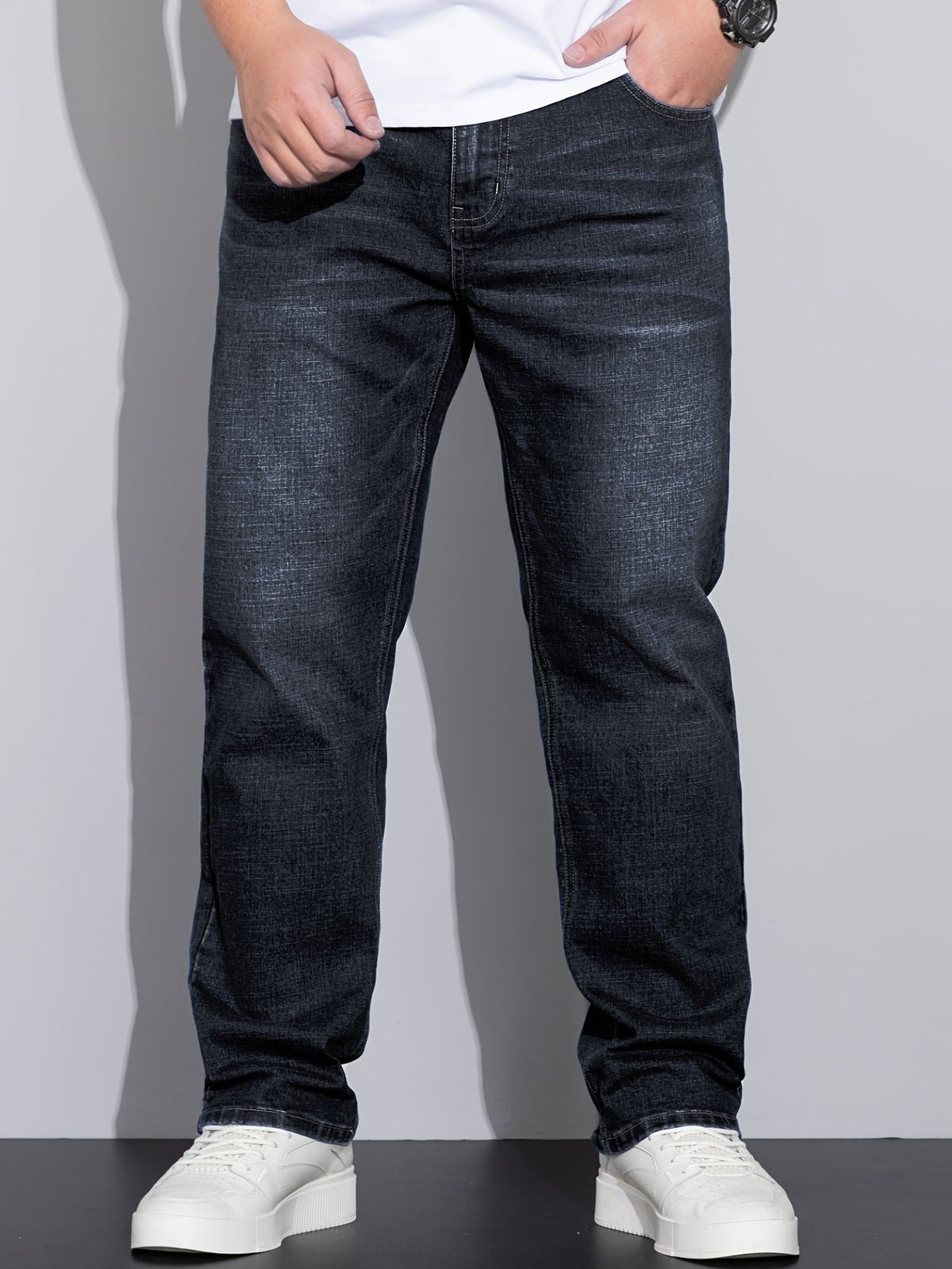 Straight-Leg Denim Jeans Men's Blue Washed Stretch – Casual, Office, Everyday, Gift