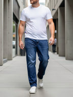 Straight-Leg Denim Jeans Men's Blue Washed Stretch – Casual, Office, Everyday, Gift