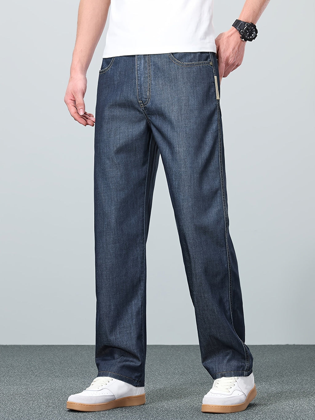 Straight-Leg Jeans Men's Relaxed Fit Denim Blue Mid-Rise Pants – Casual, Office, Everyday, Gift