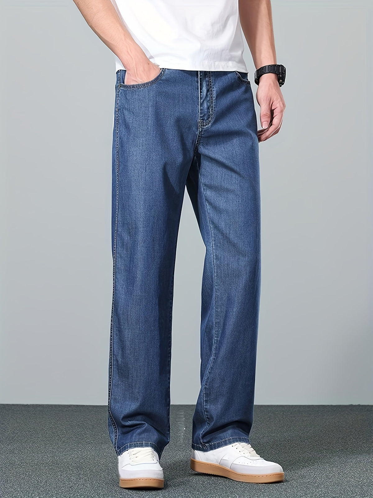 Straight-Leg Jeans Men's Relaxed Fit Denim Blue Mid-Rise Pants – Casual, Office, Everyday, Gift