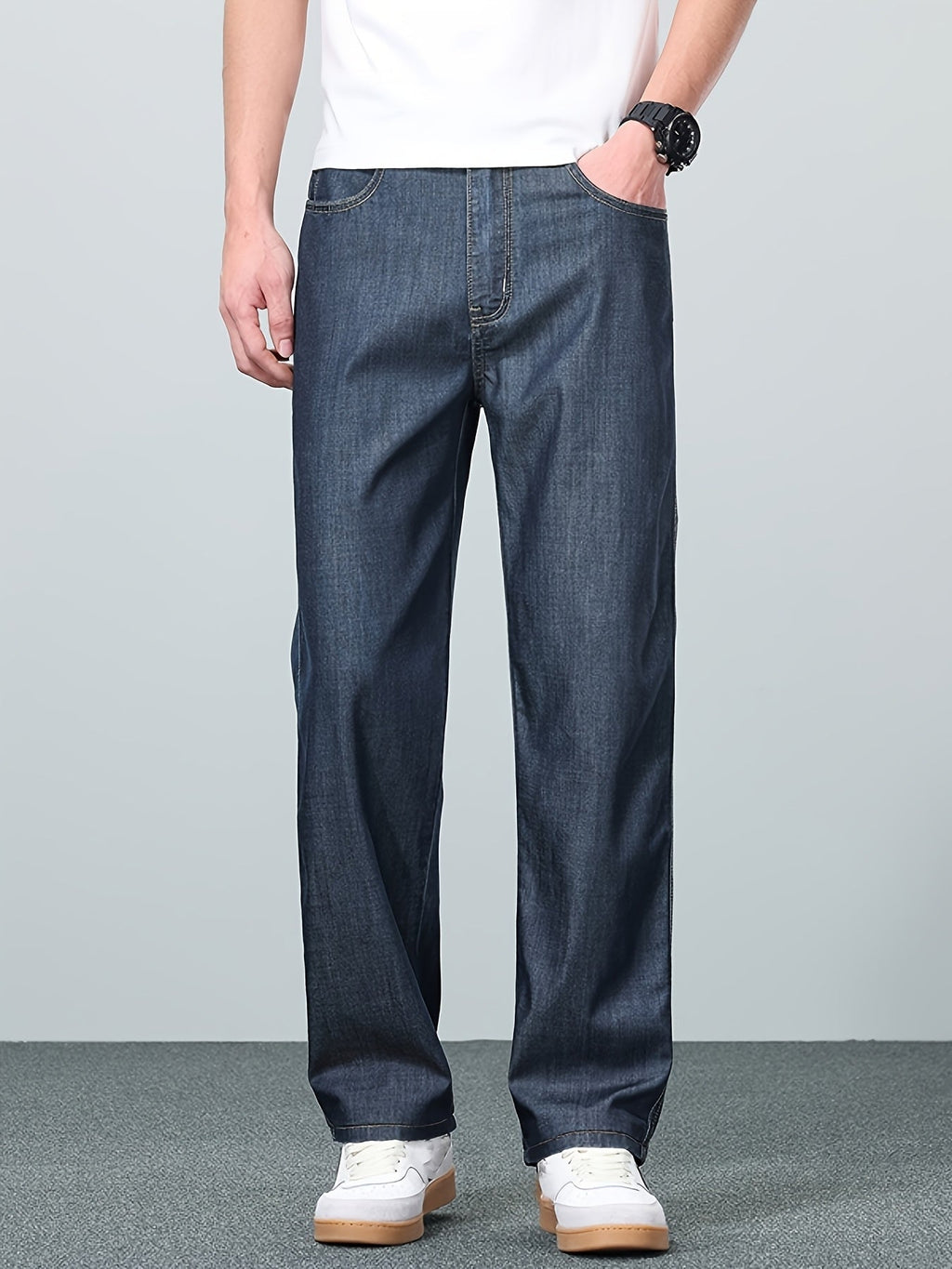 Straight-Leg Jeans Men's Relaxed Fit Denim Blue Mid-Rise Pants – Casual, Office, Everyday, Gift