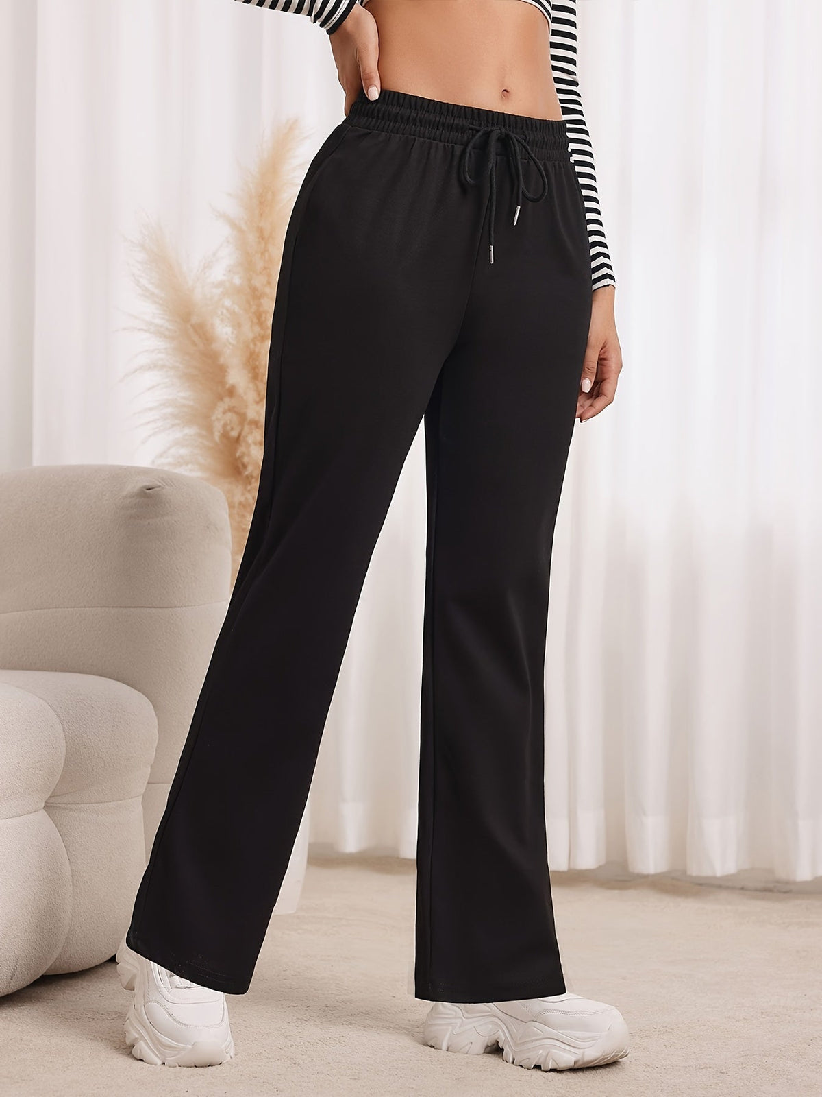 Straight-Leg Sweatpants Women's Gray Drawstring High Waist Wide-Leg Pants – Casual, Loungewear