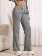 Straight-Leg Sweatpants Women's Gray Drawstring High Waist Wide-Leg Pants – Casual, Loungewear