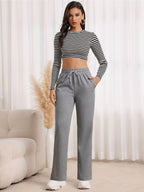 Straight-Leg Sweatpants Women's Gray Drawstring High Waist Wide-Leg Pants – Casual, Loungewear