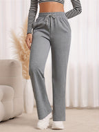 Straight-Leg Sweatpants Women's Gray Drawstring High Waist Wide-Leg Pants – Casual, Loungewear