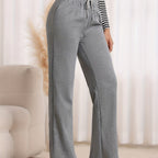 Straight-Leg Sweatpants Women's Gray Drawstring High Waist Wide-Leg Pants – Casual, Loungewear