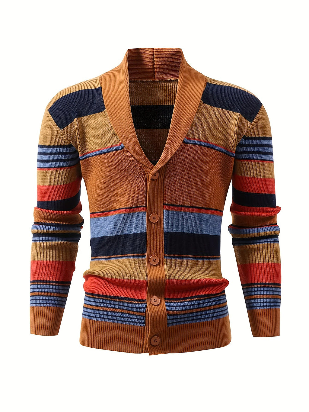 Striped Knit Cardigan Men's Shawl Collar Button-Up Sweater – Casual, Office · Faylori