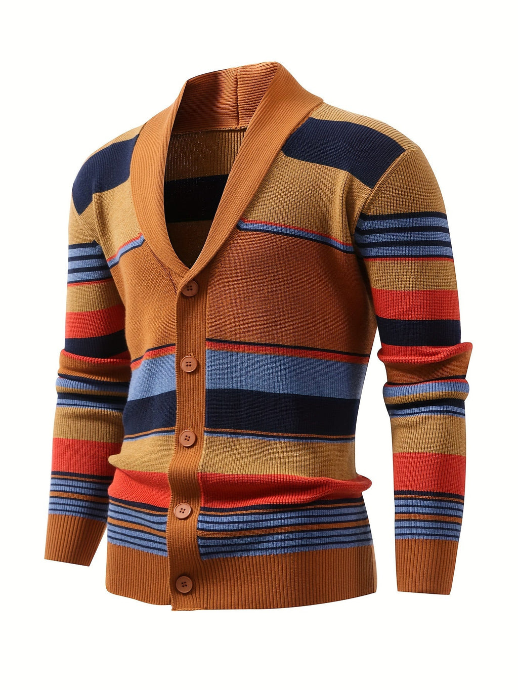 Striped Knit Cardigan Men's Shawl Collar Button-Up Sweater – Casual, Office · Faylori