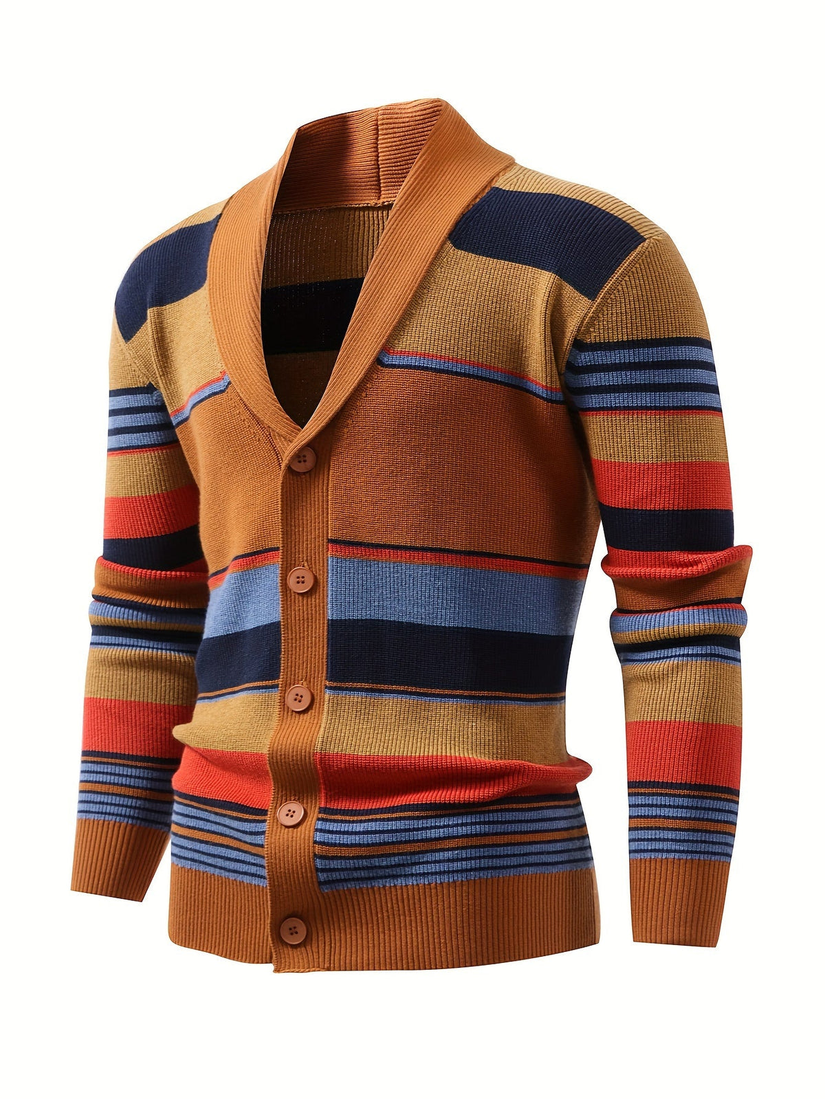 Striped Knit Cardigan Men's Shawl Collar Button-Up Sweater – Casual, Office · Faylori