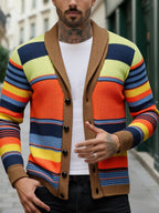 Striped Knit Cardigan Men's Shawl Collar Button-Up Sweater – Casual, Fall Layering