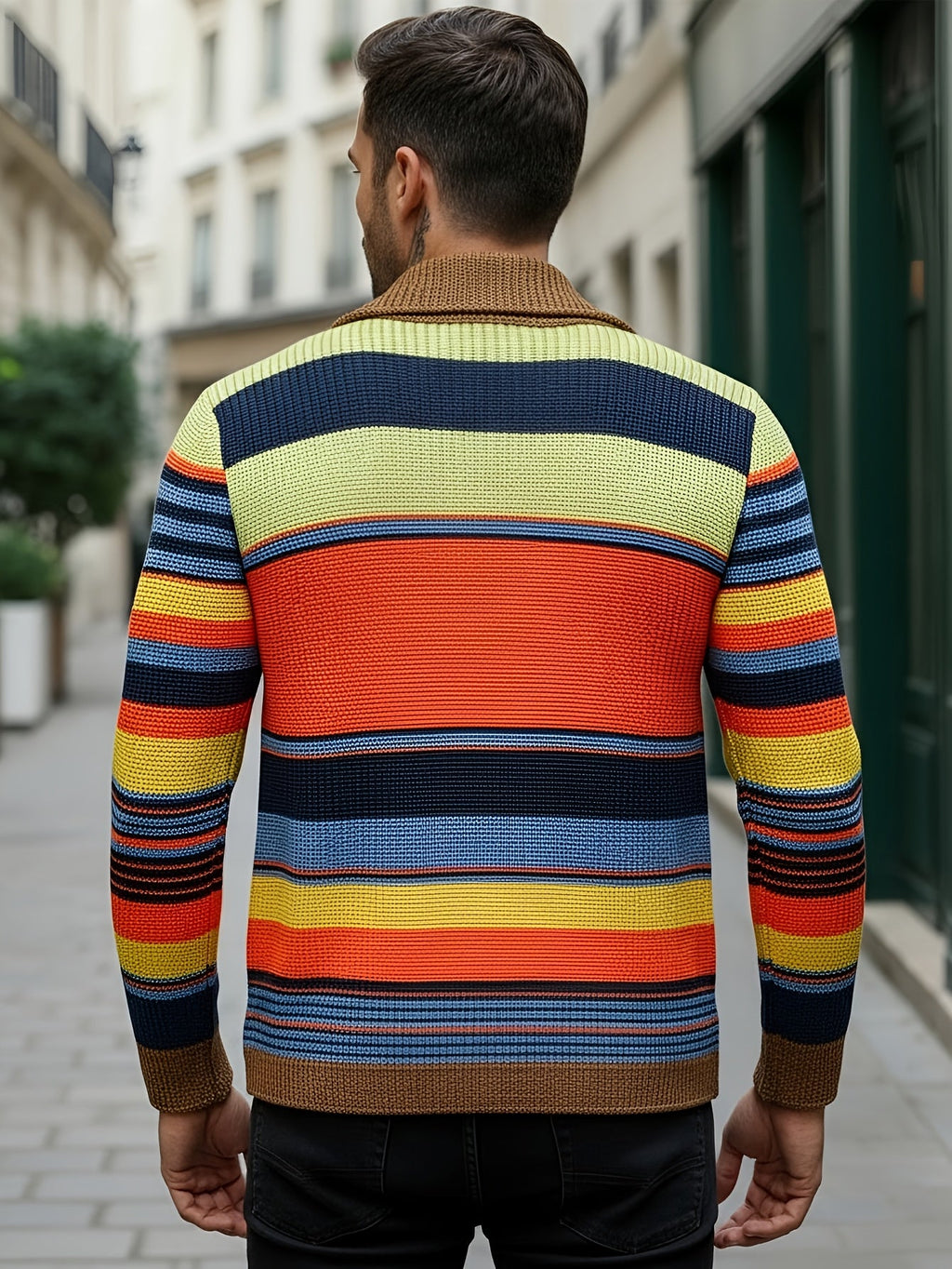 Striped Knit Cardigan Men's Shawl Collar Button-Up Sweater – Casual, Fall Layering