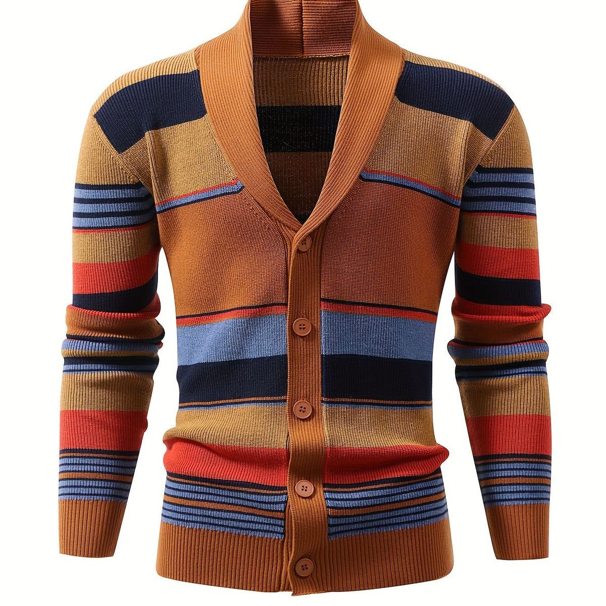 Striped Knit Cardigan Men's Shawl Collar Button-Up Sweater – Casual, Office · Faylori