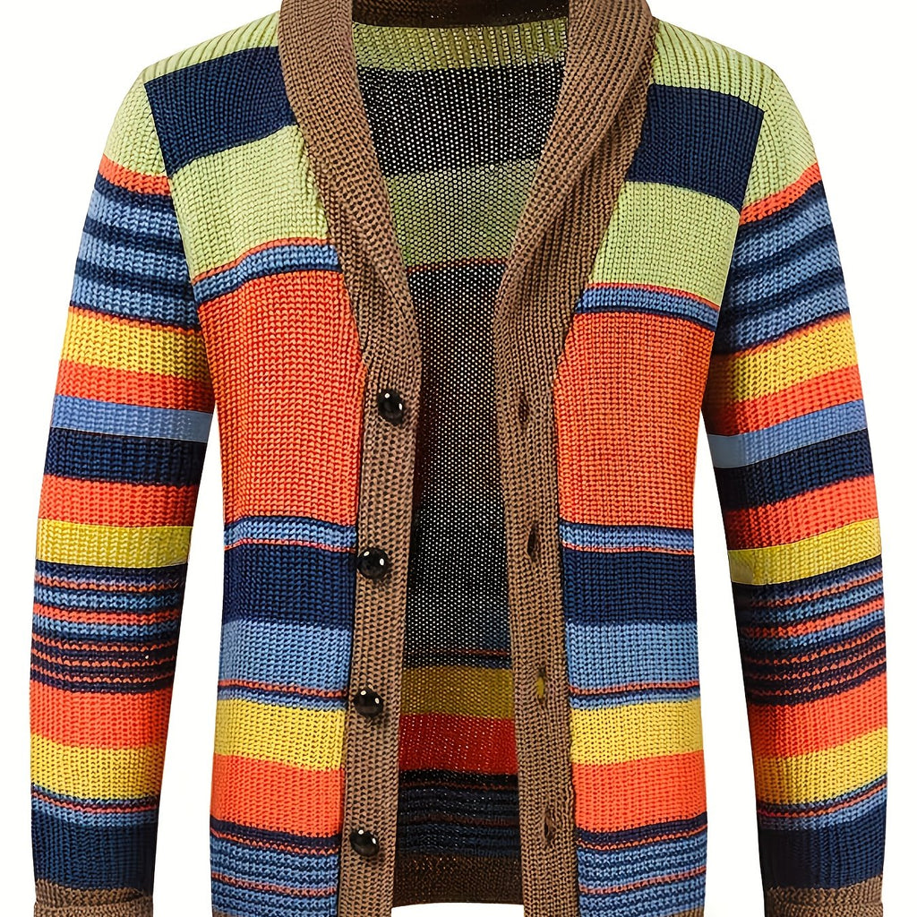 Striped Knit Cardigan Men's Shawl Collar Button-Up Sweater – Casual, Fall Layering