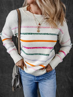 Striped Knit Sweater Women's Round Neck Long Sleeve Pullover – Casual, Everyday · Faylori