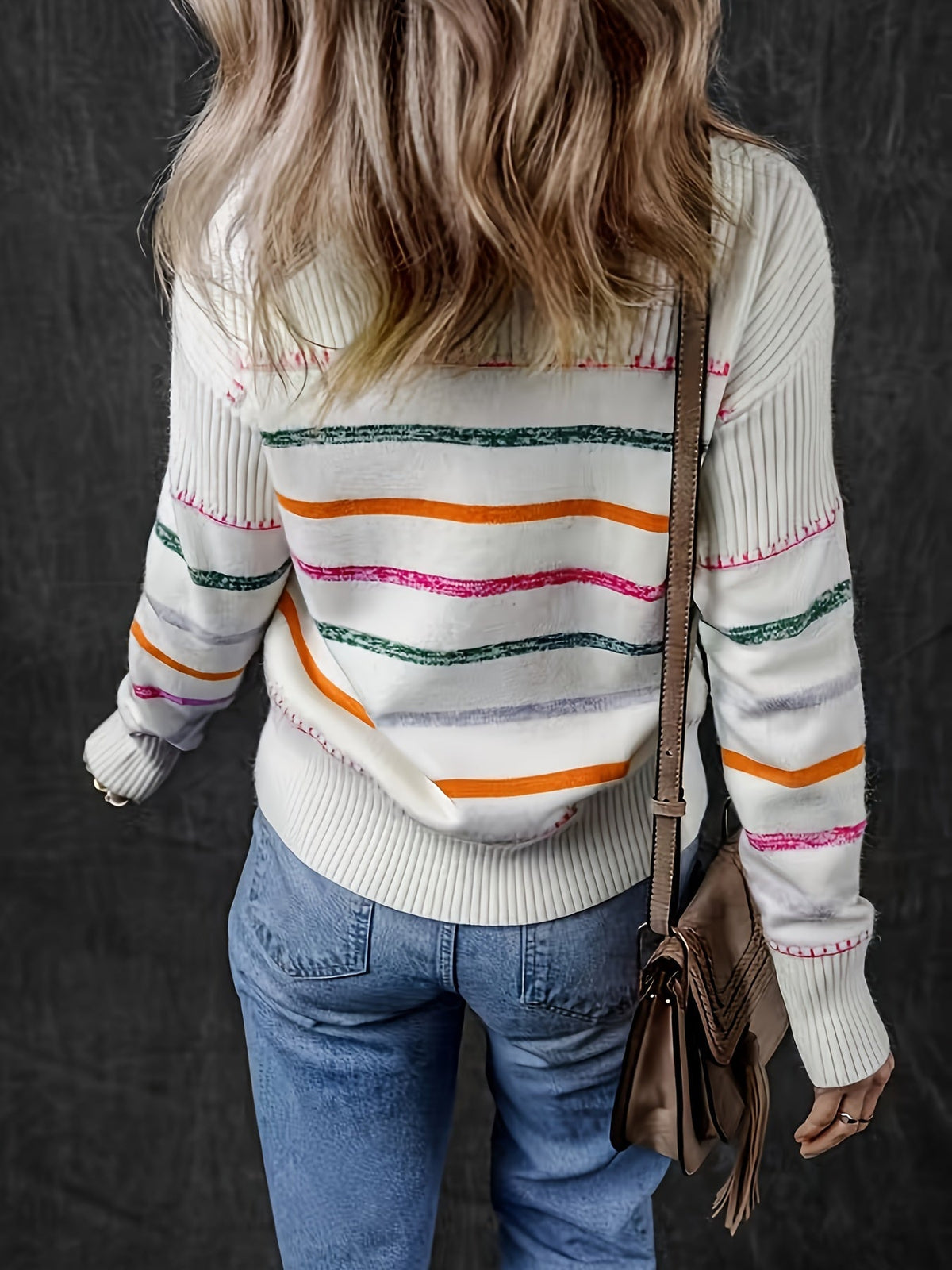 Striped Knit Sweater Women's Round Neck Long Sleeve Pullover – Casual, Everyday · Faylori