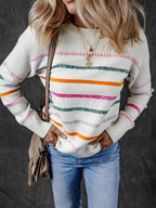 Striped Knit Sweater Women's Round Neck Long Sleeve Pullover – Casual, Everyday · Faylori
