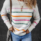 Striped Knit Sweater Women's Round Neck Long Sleeve Pullover – Casual, Everyday · Faylori