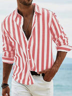 Striped Shirt Cotton Linen Pink White Men's Long Sleeve Button-Up – Casual, Holiday