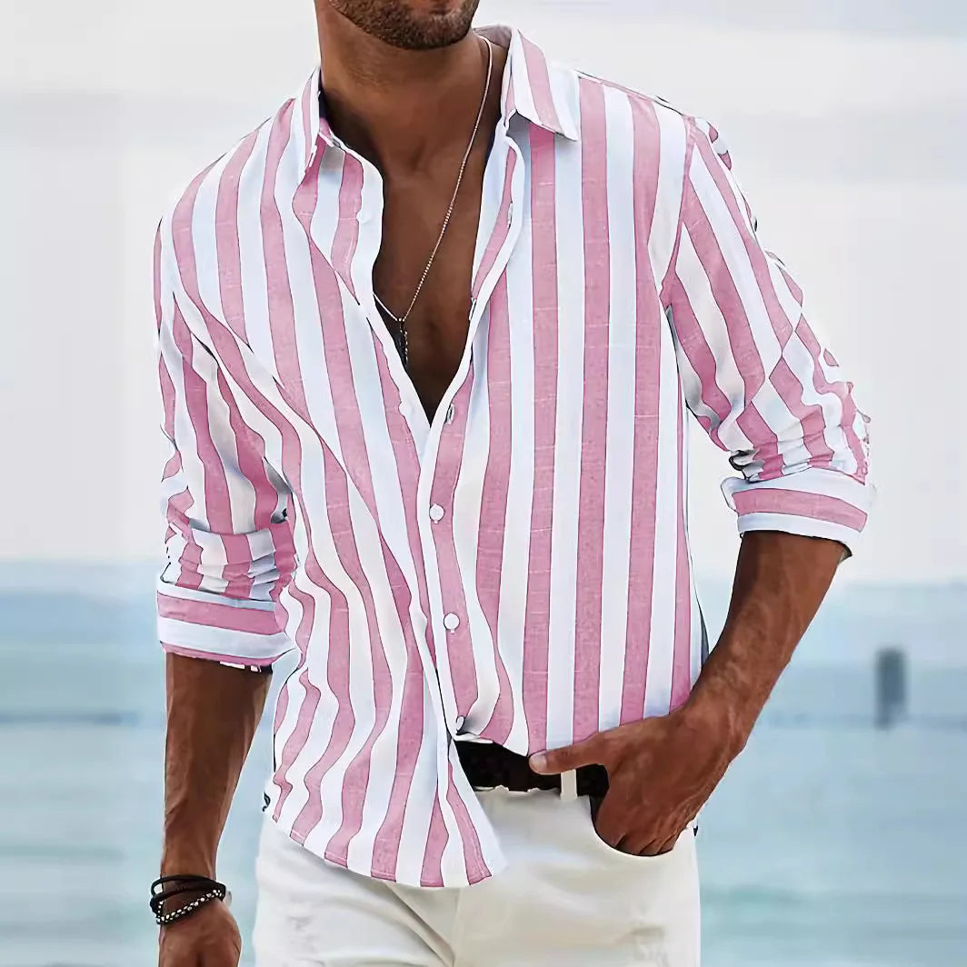 Striped Shirt Cotton Linen Pink White Men's Long Sleeve Button-Up – Casual, Holiday