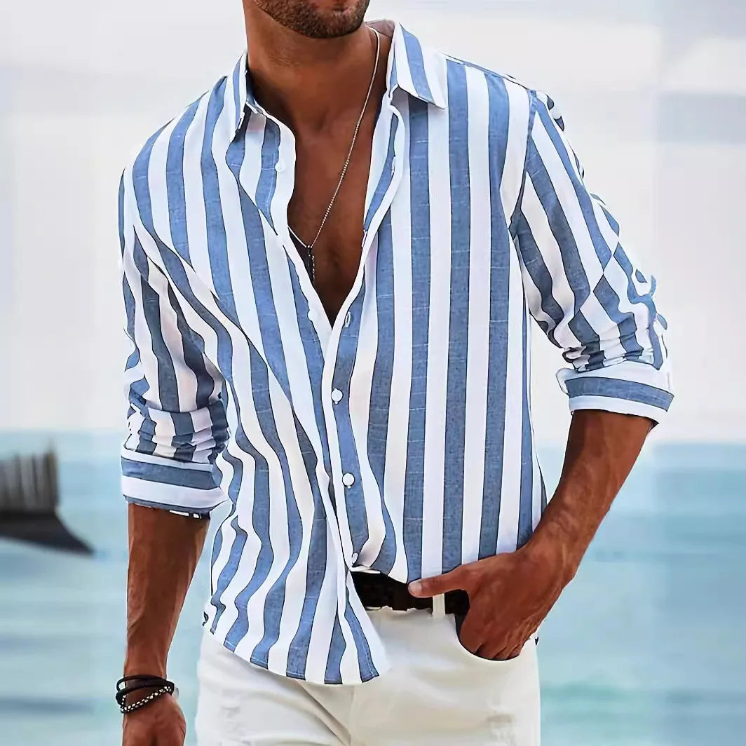 Striped Shirt Cotton Linen Pink White Men's Long Sleeve Button-Up – Casual, Holiday