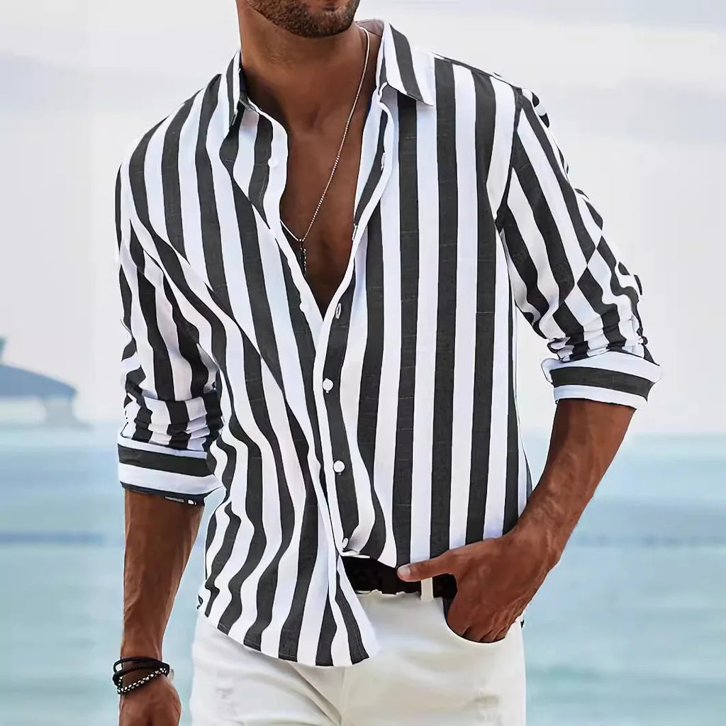 Striped Shirt Cotton Linen Pink White Men's Long Sleeve Button-Up – Casual, Holiday