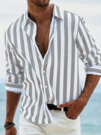 Striped Shirt Cotton Linen Pink White Men's Long Sleeve Button-Up – Casual, Holiday