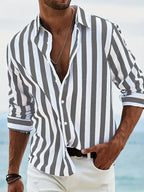 Striped Shirt Cotton Linen Pink White Men's Long Sleeve Button-Up – Casual, Holiday