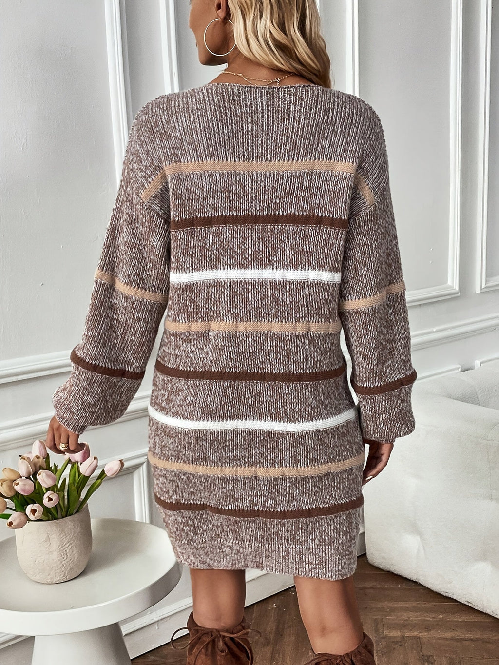 Striped Sweater Dress Women's Long Sleeve Knit Bodycon Crew Neck – Casual, Office, Holiday, Gift