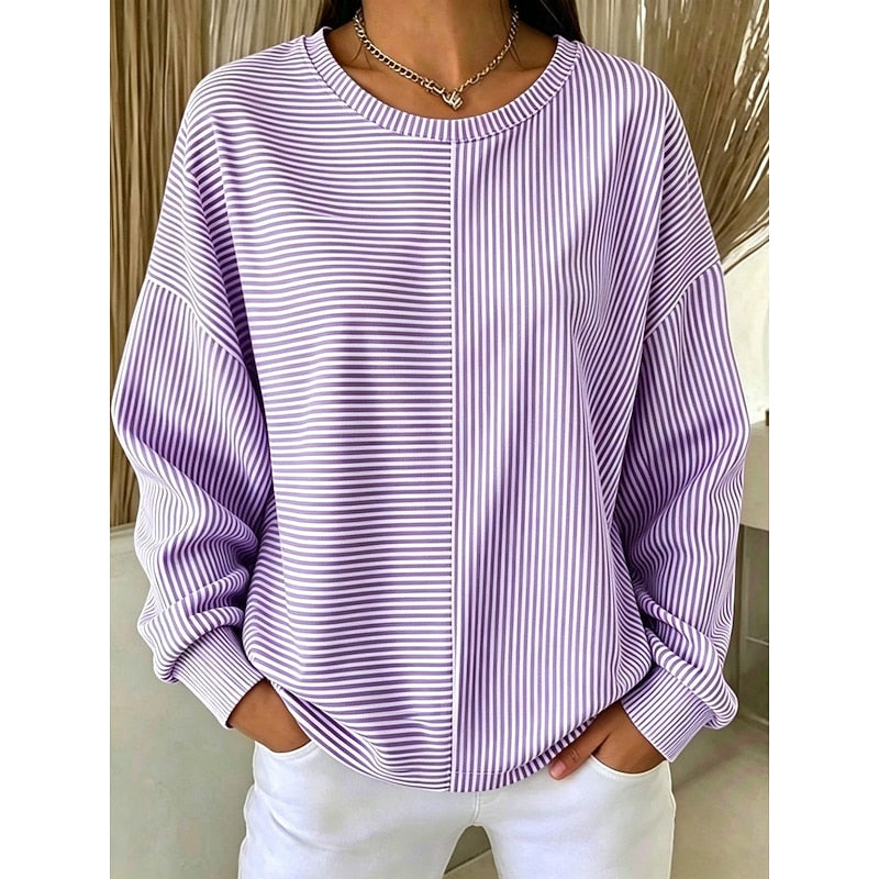 Striped Sweatshirt Women's Oversized Relaxed Fit Long Sleeve Pullover – Casual, Everyday