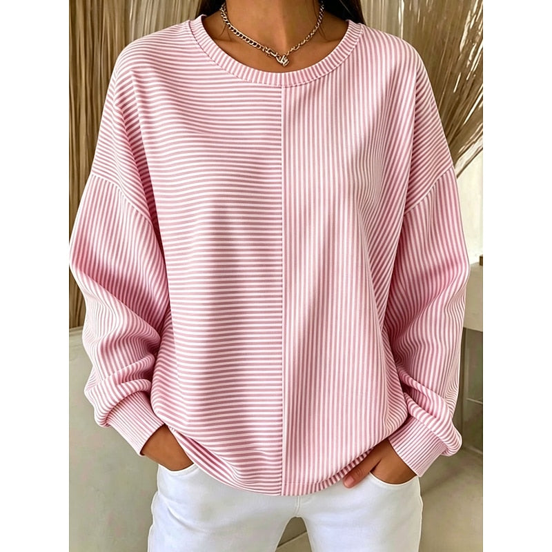 Striped Sweatshirt Women's Oversized Relaxed Fit Long Sleeve Pullover – Casual, Everyday