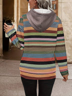 Striped Textured Hoodie Women's Long Sleeve Drawstring Pullover with Front Pocket – Casual, Everyday