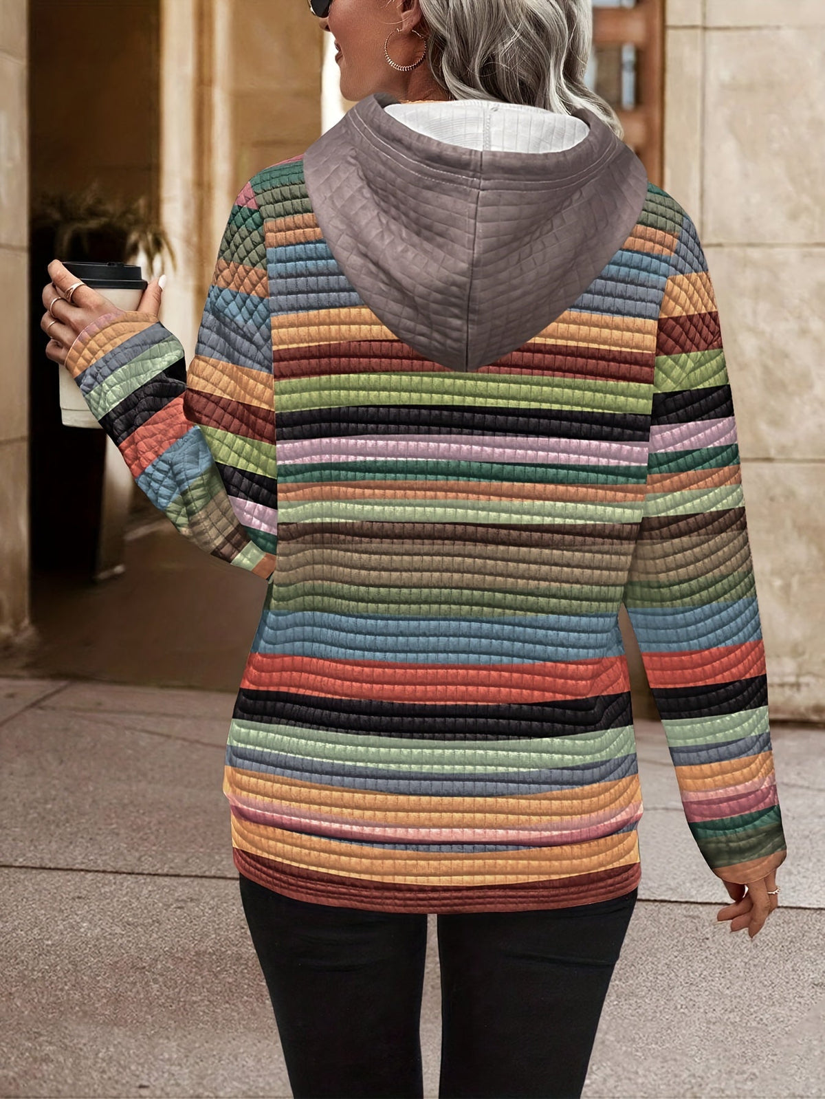 Striped Textured Hoodie Women's Long Sleeve Drawstring Pullover with Front Pocket – Casual, Everyday