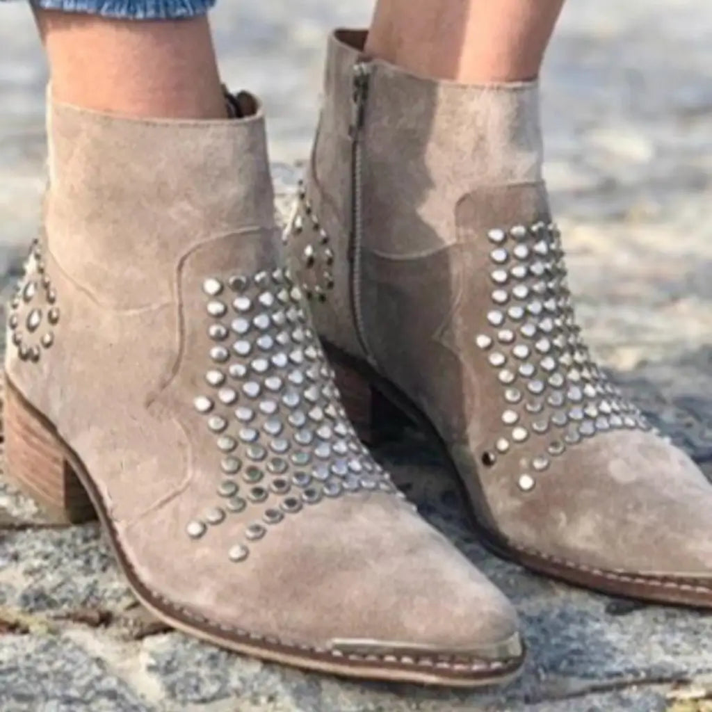 Studded Ankle Boots Women's Beige Suede Block Heel Zip Booties – Casual, Office, Holiday, Gift