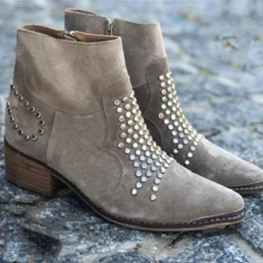 Studded Ankle Boots Women's Beige Suede Block Heel Zip Booties – Casual, Office, Holiday, Gift