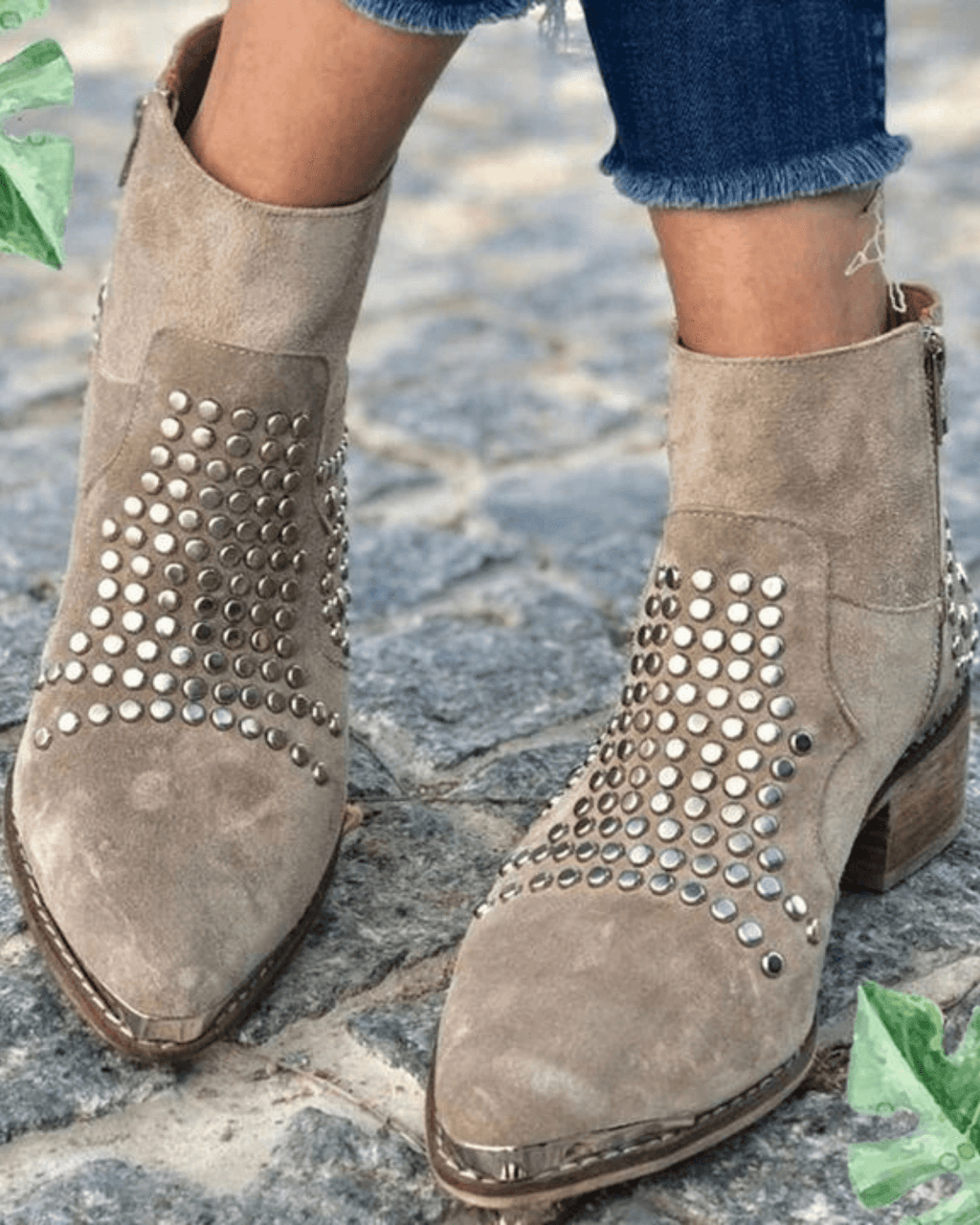 Studded Ankle Boots Women's Beige Suede Block Heel Zip Booties – Casual, Office, Holiday, Gift
