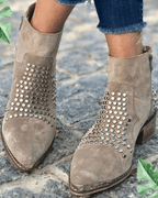 Studded Ankle Boots Women's Beige Suede Block Heel Zip Booties – Casual, Office, Holiday, Gift