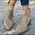 Studded Ankle Boots Women's Beige Suede Block Heel Zip Booties – Casual, Office, Holiday, Gift