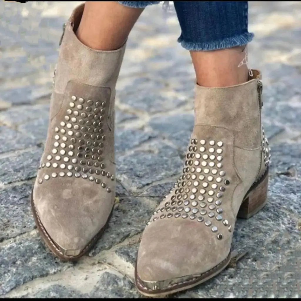 Studded Ankle Boots Women's Beige Suede Block Heel Zip Booties – Casual, Office, Holiday, Gift