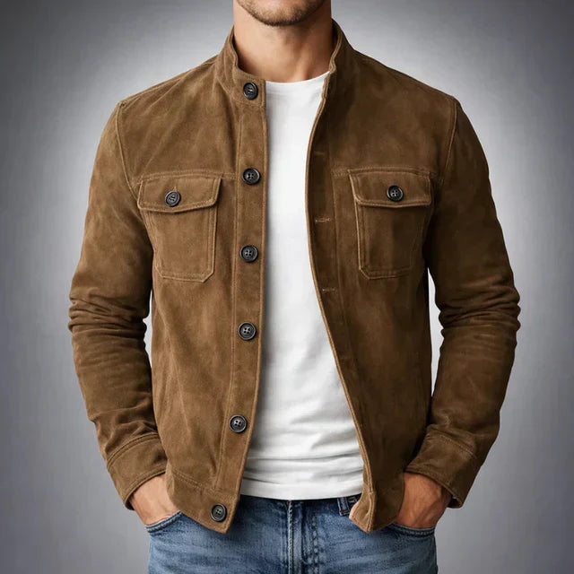 Suede Button-Up Jacket Men's Army Green Stand Collar with Chest Pockets – Casual, Office