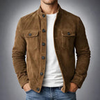 Suede Button-Up Jacket Men's Army Green Stand Collar with Chest Pockets – Casual, Office