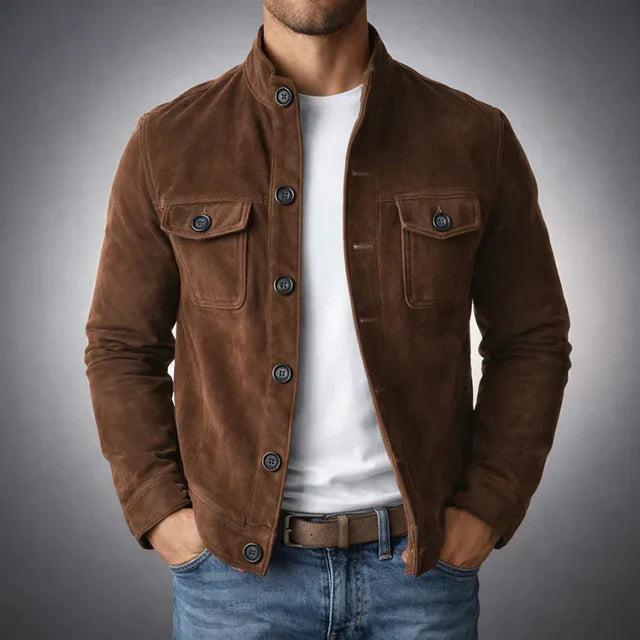 Suede Button-Up Jacket Men's Army Green Stand Collar with Chest Pockets – Casual, Office
