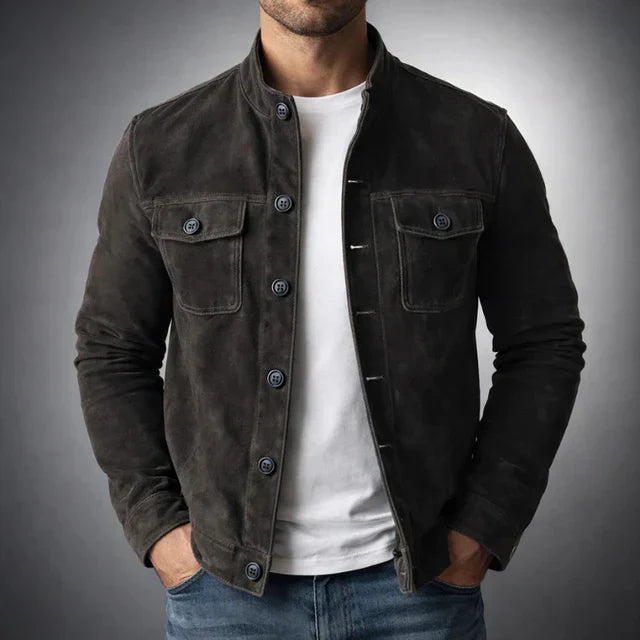 Suede Button-Up Jacket Men's Army Green Stand Collar with Chest Pockets – Casual, Office