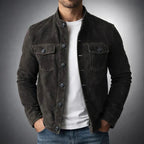 Suede Button-Up Jacket Men's Army Green Stand Collar with Chest Pockets – Casual, Office