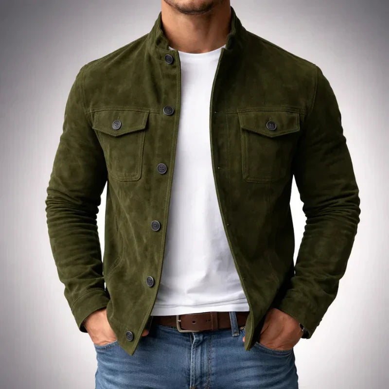 Suede Button-Up Jacket Men's Army Green Stand Collar with Chest Pockets – Casual, Office