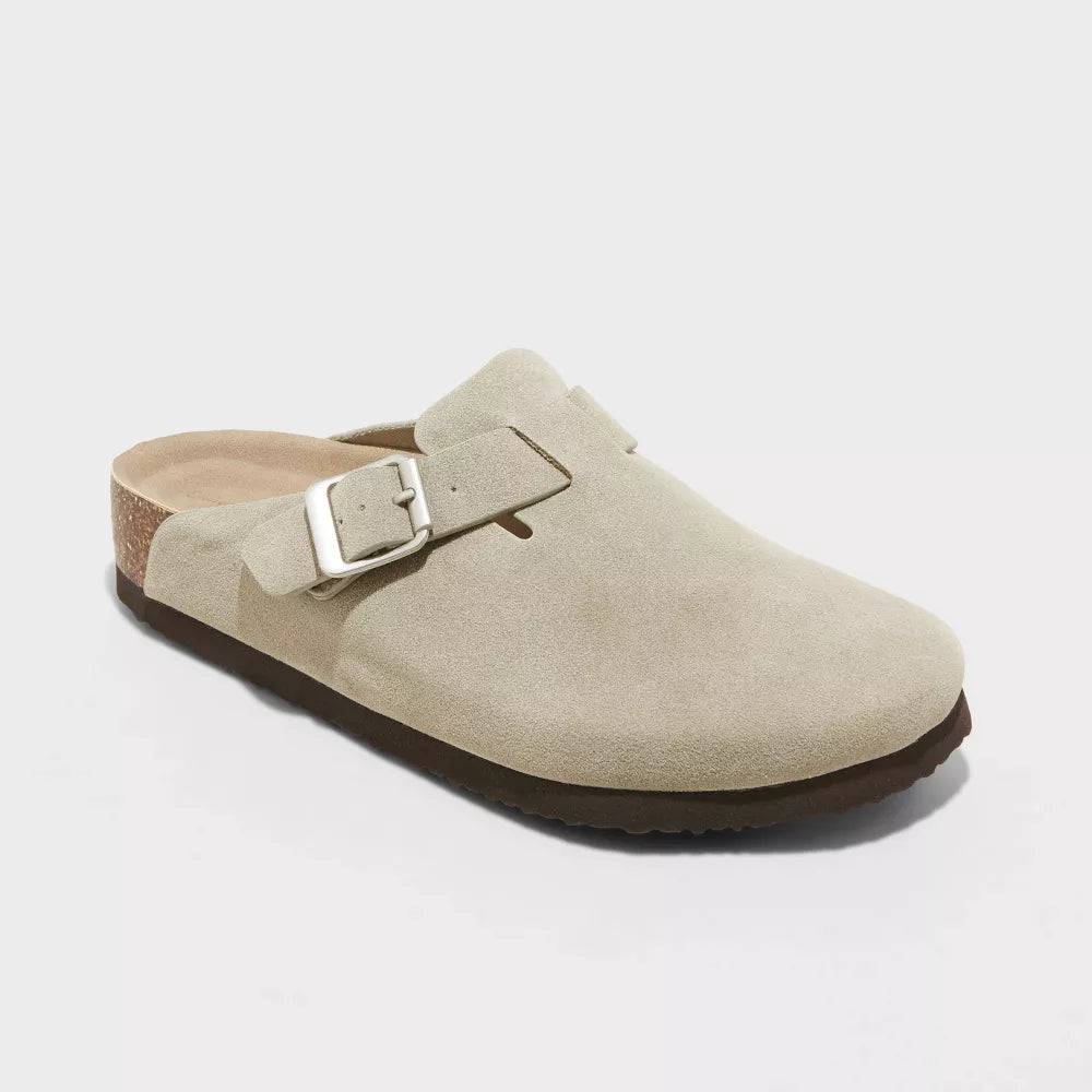 Suede Clog Mules Taupe Buckle Slip-On Cork Footbed – Casual, Everyday Comfort Shoes