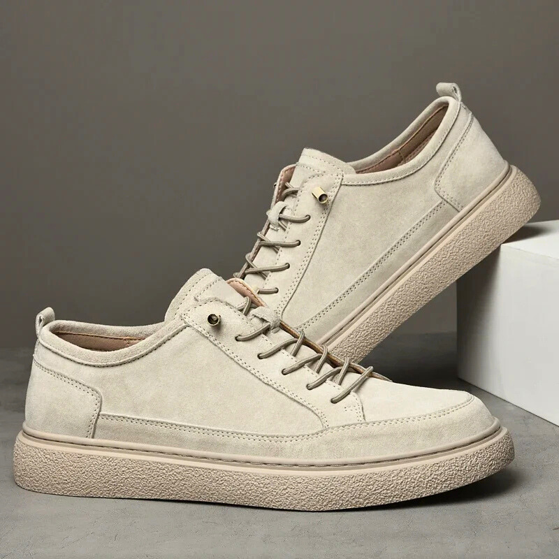 Suede Sneakers Men's Khaki Lace-Up Low-Top Casual Shoes – Casual, Office, Everyday, Gift