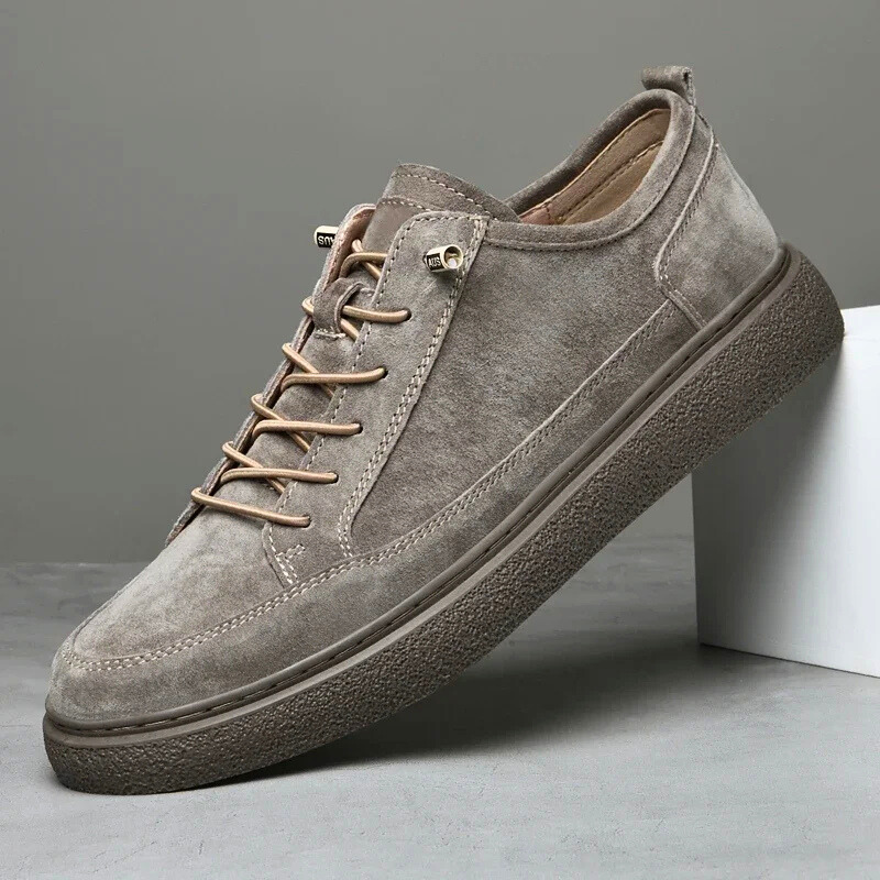 Suede Sneakers Men's Khaki Lace-Up Low-Top Casual Shoes – Casual, Office, Everyday, Gift