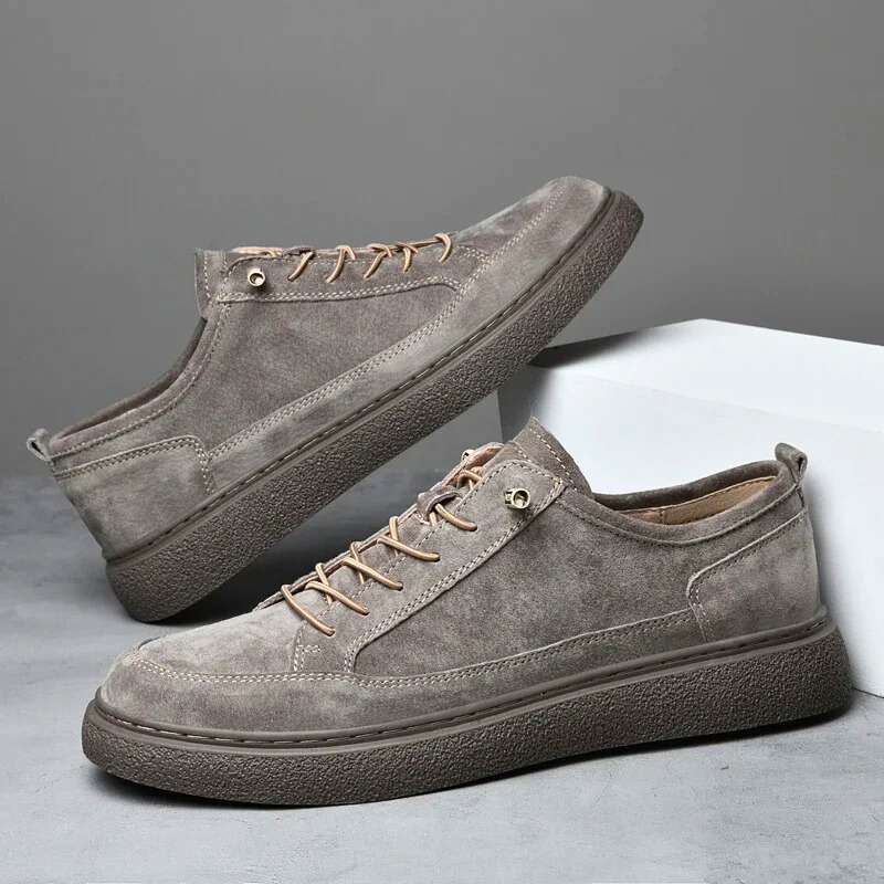 Suede Sneakers Men's Khaki Lace-Up Low-Top Casual Shoes – Casual, Office, Everyday, Gift