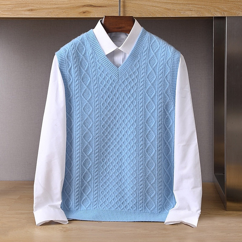 Sweater Vest V-Neck Cable-Knit Sleeveless Men's Gray – Casual, Office, Layering, Gift